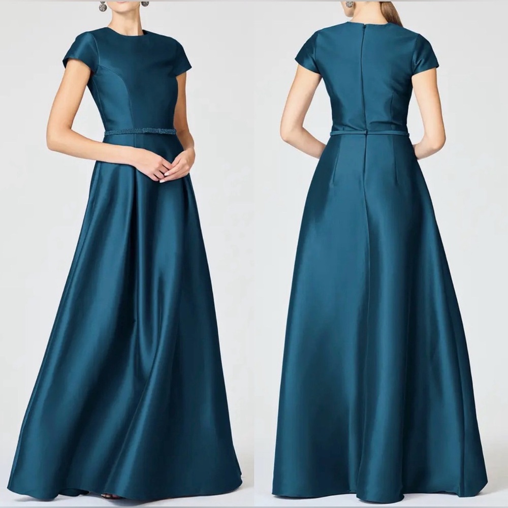 New Sachin & Babi Blythe Box Pleat Cap Sleeve Modest Belt Bottle Green Gown 12